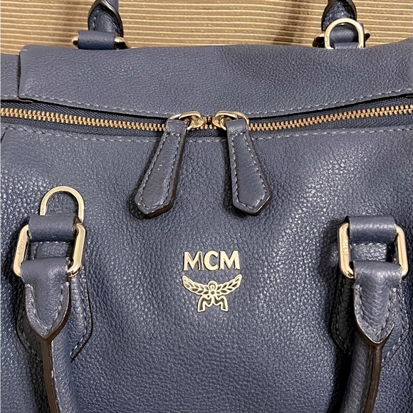 MCM Slate Blue Pebbled Saffiano Leather Satchel - Picture 3 of 17
